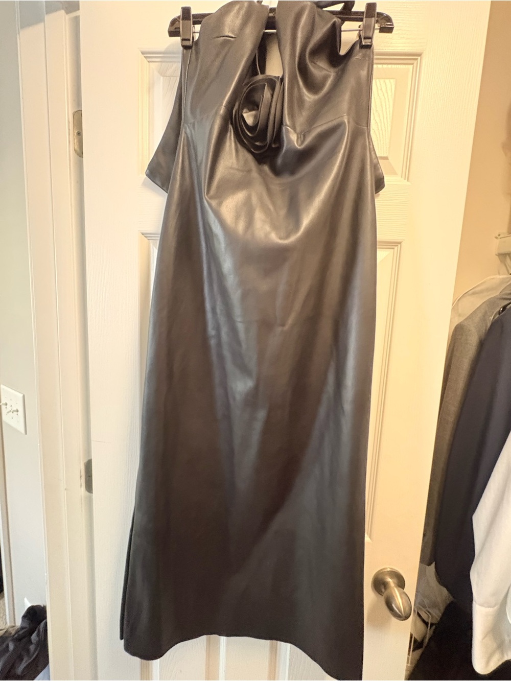 Meshki Black Faux Leather Halter Midi Dress